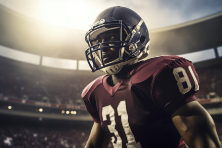 American football player in uniform and helmet at stadium. Created with Generative AIの素材