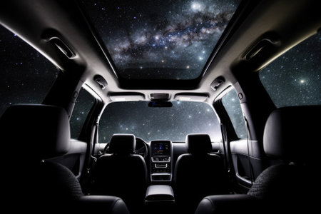 Car interior with galaxy and nebula background, first person view. Vehicle in space for futuristic travel. Creative spaceship. Created with Generative AIの素材
