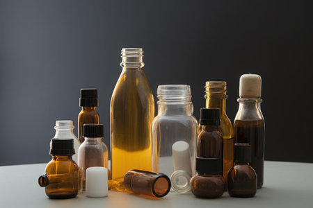 Different types of medicine bottles. Medical product for health care. Pharmacy items. Created with Generative AIの素材