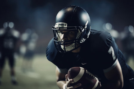 American football player in uniform and helmet holds ball at stadium. Created with Generative AIの素材
