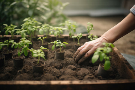 Planting young green seedlings in pots. Work in garden. Created with Generative AIの素材