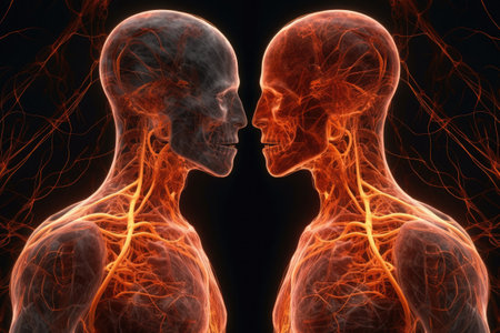Two spiritual human bodies on dark background. Souls connection. Created with Generative AIの素材