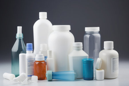 Different types of medicine bottles. Medical product for health care. Pharmacy items. Created with Generative AIの素材