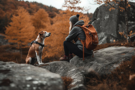 Woman with dog in mountains. Female owner hiking with pet. Nature travelling. Created with Generative AIの素材