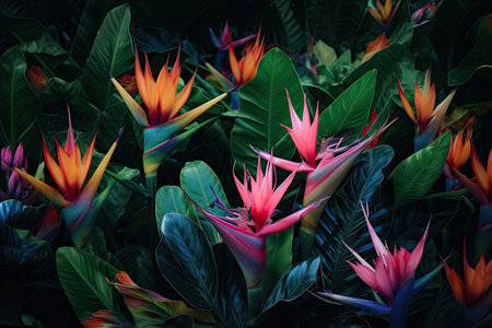 Abstract natural background. Exotic tropical leaves pattern. Creative background with flowers. Created with Generative AIの素材