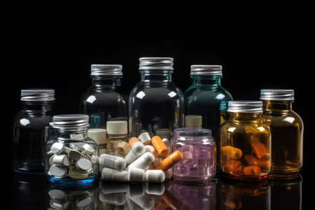 Different types of medicine bottles. Medical product for health care. Pharmacy items. Created with Generative AIの素材
