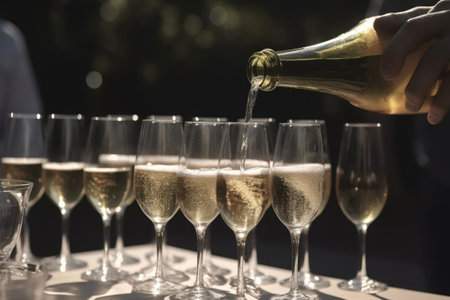 Outdoors celebration. Waiter pouring champagne from bottle into glasses on tray. Created with Generative AIの素材