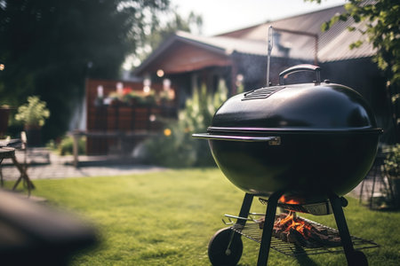 Barbecue grill on house backyard. Family outdoors party at weekend. Created with Generativeve AIの素材