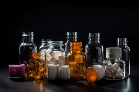 Different types of medicine bottles. Medical product for health care. Pharmacy items. Created with Generative AIの素材