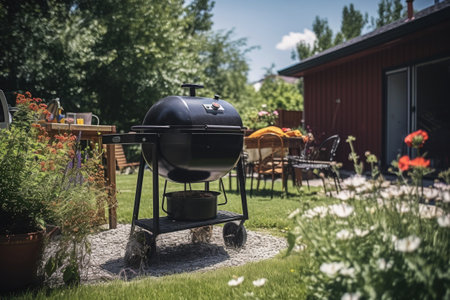 Barbecue grill on house backyard. Family outdoors party at weekend. Created with Generativeve AIの素材