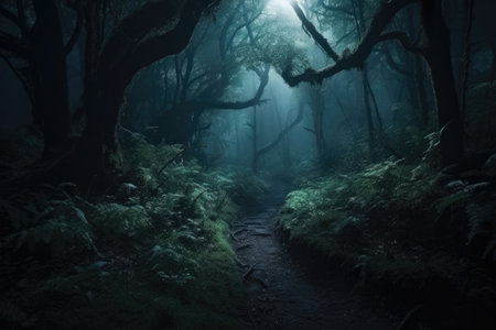 Mystical forest landscape with trees silhouettes in dark. Path in magical dreamy forest. Created with Generative AIの素材