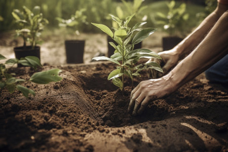 Planting young green seedlings in pots. Work in garden. Created with Generative AIの素材