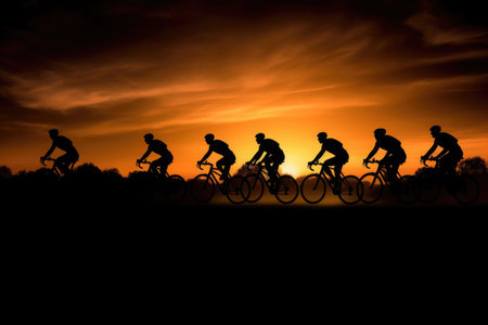 Silhouettes of professional cyclists training on road bikes at sunset. Active outdoor sports. Cycling trip. Created with Generative AIの素材