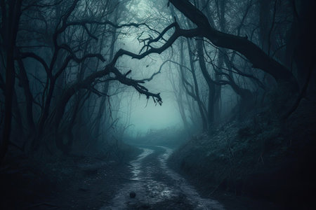 Mystical forest landscape with trees silhouettes in dark. Path in magical dreamy forest. Created with Generative AIの素材