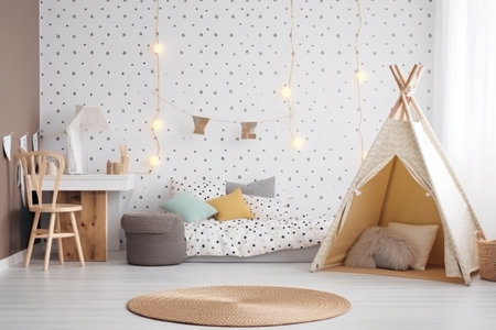 Child room in scandinavian style with natural colors and wooden furniture. Interior of cozy kids bedroom. Created with Generative AIの素材