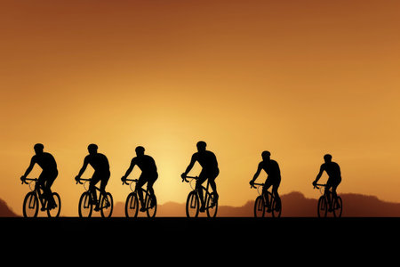 Silhouettes of professional cyclists training on road bikes at sunset. Active outdoor sports. Cycling trip. Created with Generative AIの素材