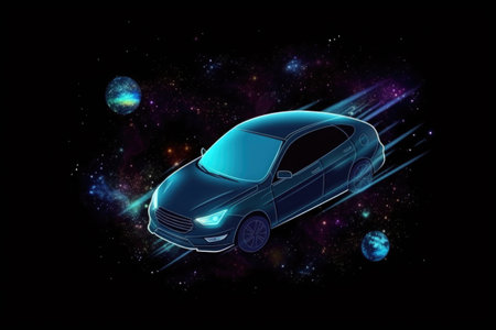 Futuristic digital car in cyberspace background. Vehicle in space for futuristic travel. Created with Generative AIの素材