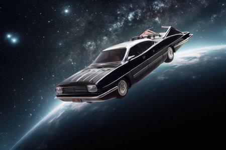 Futuristic retro car on galaxy and nebula background. Vehicle in space for futuristic travel. Creative spaceship. Created with Generative AIの素材