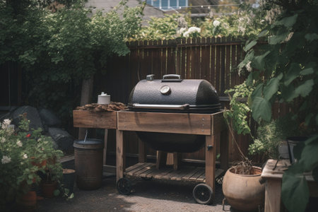 Barbecue grill on house backyard. Family outdoors party at weekend. Created with Generativeve AIの素材