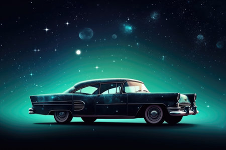 Futuristic retro car on galaxy and nebula background. Vehicle in space for futuristic travel. Creative spaceship. Created with Generative AIの素材