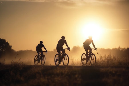 Silhouettes of professional cyclists training on road bikes at sunset. Active outdoor sports. Cycling trip. Created with Generative AIの素材