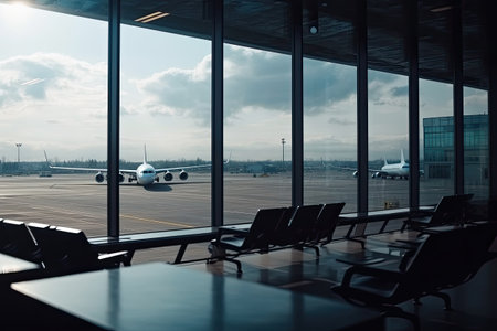 Empty airport terminal lounge with plane in window. Travel concept. Created with Generative AIの素材