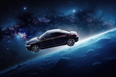 Futuristic retro car on galaxy and nebula background. Vehicle in space for futuristic travel. Creative spaceship. Created with Generative AIの素材