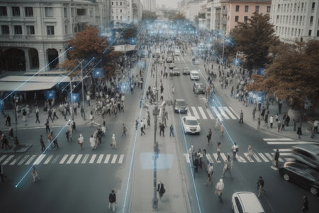 People crowd at city street tracking by surveillance camera. Face recognition and personal identification technologies system. Created with Generative AIの素材