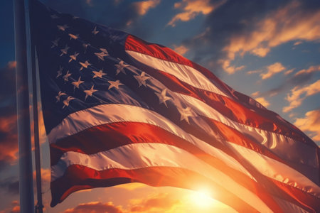 USA national flag at sunset. Waving american flag as liberty symbol. Banner for celebrating Independence Day. Created with Generative AIの素材