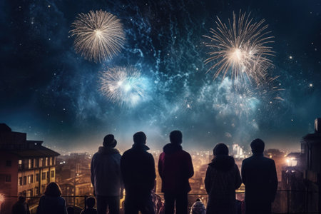 Silhouettes of people looking at colorful fireworks in the night sky. Crowd celebrating holiday outdoors. Created with Generative AIの素材
