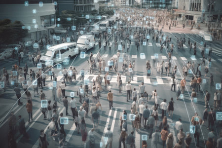 People crowd at city street tracking by surveillance camera. Face recognition and personal identification technologies system. Created with Generative AIの素材