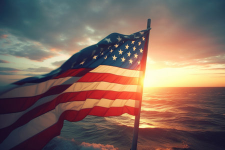 USA national flag at sunset. Waving american flag as liberty symbol. Banner for celebrating Independence Day. Created with Generative AIの素材