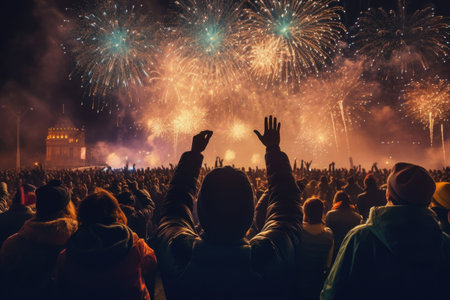 Silhouettes of people looking at colorful fireworks in the night sky. Crowd celebrating holiday outdoors. Created with Generative AIの素材