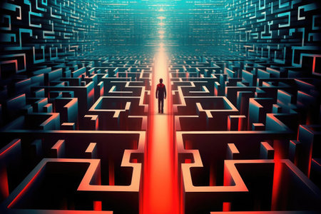 Person find exit from labyrinth in digital world. Human silhouette lost in futuristic technology maze. Digital addiction. Created with Generative AIの素材