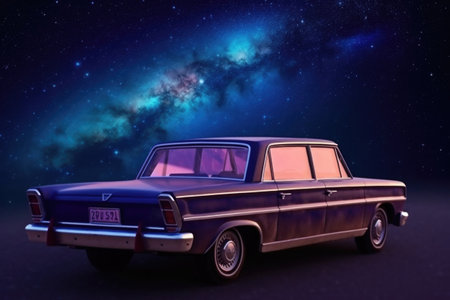 Futuristic retro car on galaxy and nebula background. Vehicle in space for futuristic travel. Creative spaceship. Created with Generative AIの素材