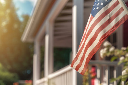 USA flag on corner of living house. Symbol of patriotism. Building with waving national american flag. Created with Generative AIの素材