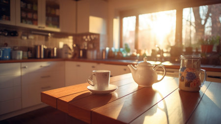 Kitchen wooden table top with breakfast at morning time. Scandinavian style vintage kitchen interior. Created with Generative AIの素材