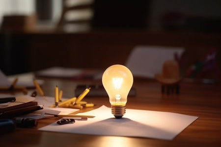 Creative idea for business development. Glowing bulb at office workplace. Lamp on table. Created with Generative AIの素材