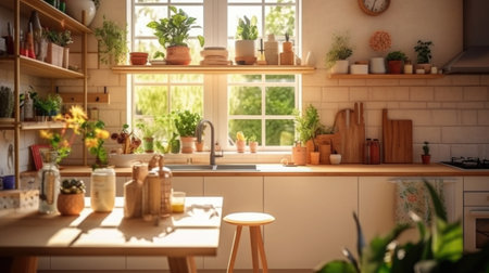 Kitchen wooden table top with breakfast at morning time. Scandinavian style vintage kitchen interior. Created with Generative AIの素材