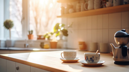 Kitchen wooden table top with breakfast at morning time. Scandinavian style vintage kitchen interior. Created with Generative AIの素材