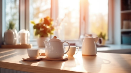 Kitchen wooden table top with breakfast at morning time. Scandinavian style vintage kitchen interior. Created with Generative AIの素材