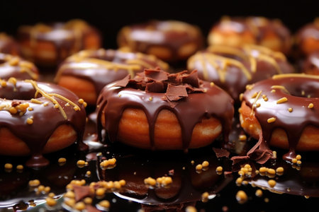 Delicious glazed donuts. Background with doughnuts with chocolate frosted and icing. Traditional sweet snacks. Created with Generative AIの素材