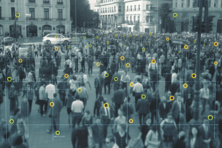 People crowd at city street tracking by surveillance camera. Face recognition and personal identification technologies system. Created with Generative AIの素材