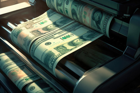 Process of printing dollar banknotes. Printing machine prints money. Economic and finance concept. Created with Generative AIの素材