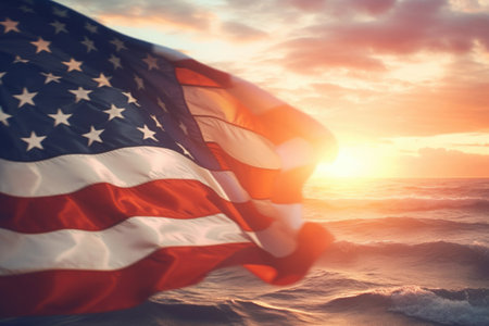USA national flag at sunset. Waving american flag as liberty symbol. Banner for celebrating Independence Day. Created with Generative AIの素材