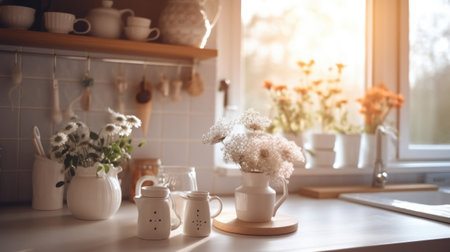 Kitchen wooden table top with breakfast at morning time. Scandinavian style vintage kitchen interior. Created with Generative AIの素材