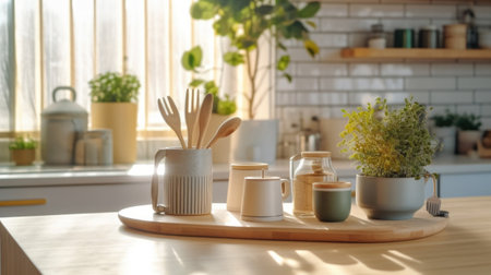 Kitchen wooden table top with breakfast at morning time. Scandinavian style vintage kitchen interior. Created with Generative AIの素材