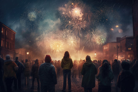 Silhouettes of people looking at colorful fireworks in the night sky. Crowd celebrating holiday outdoors. Created with Generative AIの素材