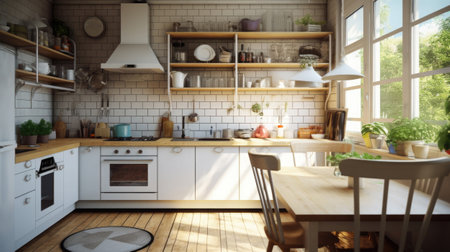 Stylish kitchen interior with morning light in large window. Cozy scandi style kitchen background. Created with Generative AIの素材