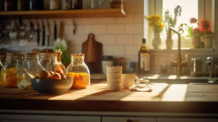 Kitchen wooden table top with breakfast at morning time. Scandinavian style vintage kitchen interior. Created with Generative AIの素材